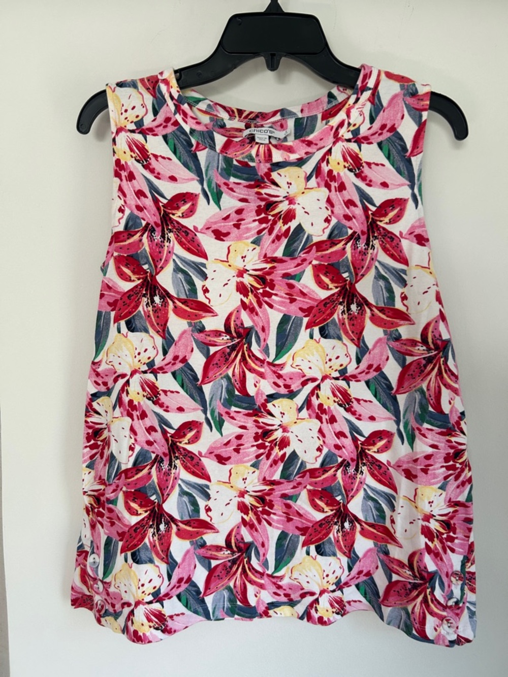 Chico's Tropical Floral Crewneck Tee in Pink, White & Green
